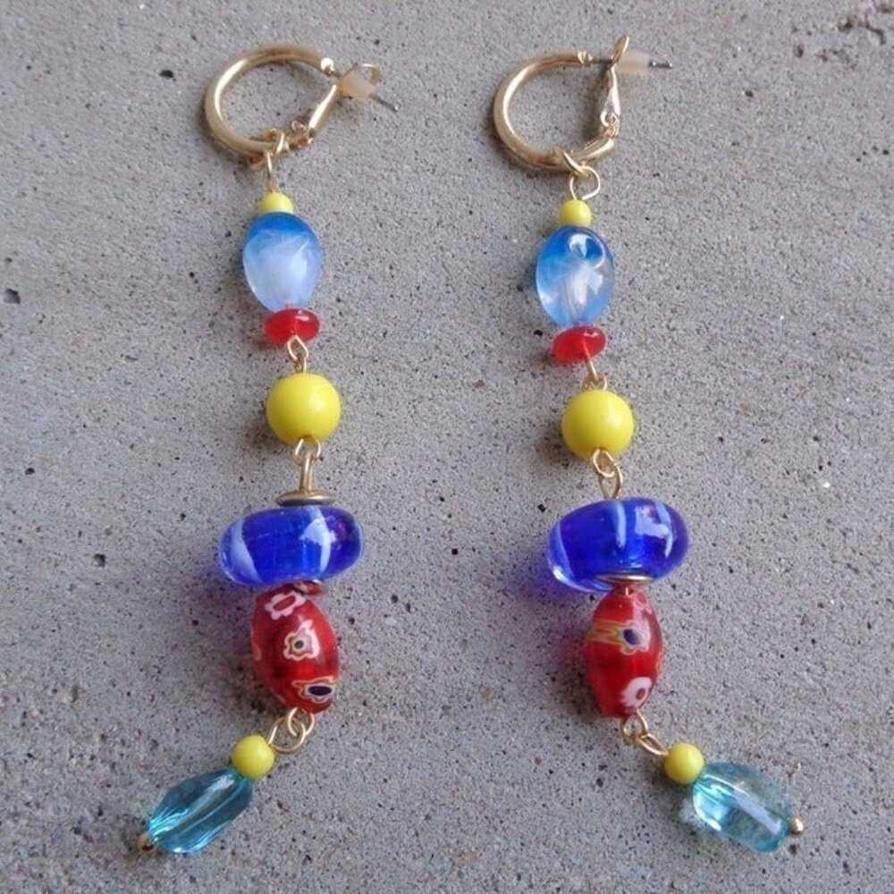 Lucky Brand 67207746 Carnival Multicolor Hoop Earrings Long Dangle Beads Beaded